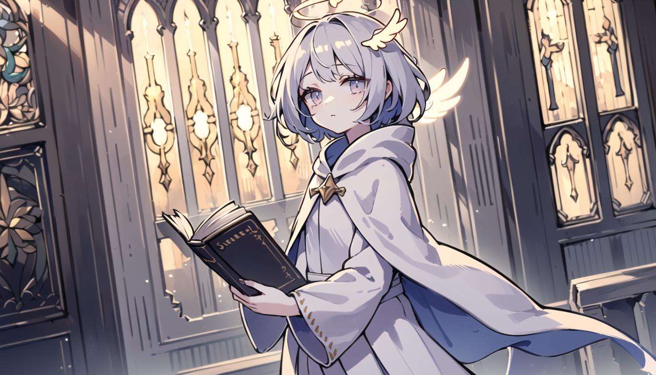 (masterpiece), (best quality), (highly detailed), cinematic angle, 1 cute girl angel standing, her holding a book, soft delicate beautiful attractive face, beautiful detailed purple eyes, short wavy silver hair, (halo, angel wings:1.3), (long white mage robe with gold trim and a hood), (magnificent church), (desolate light), (pure and holy)