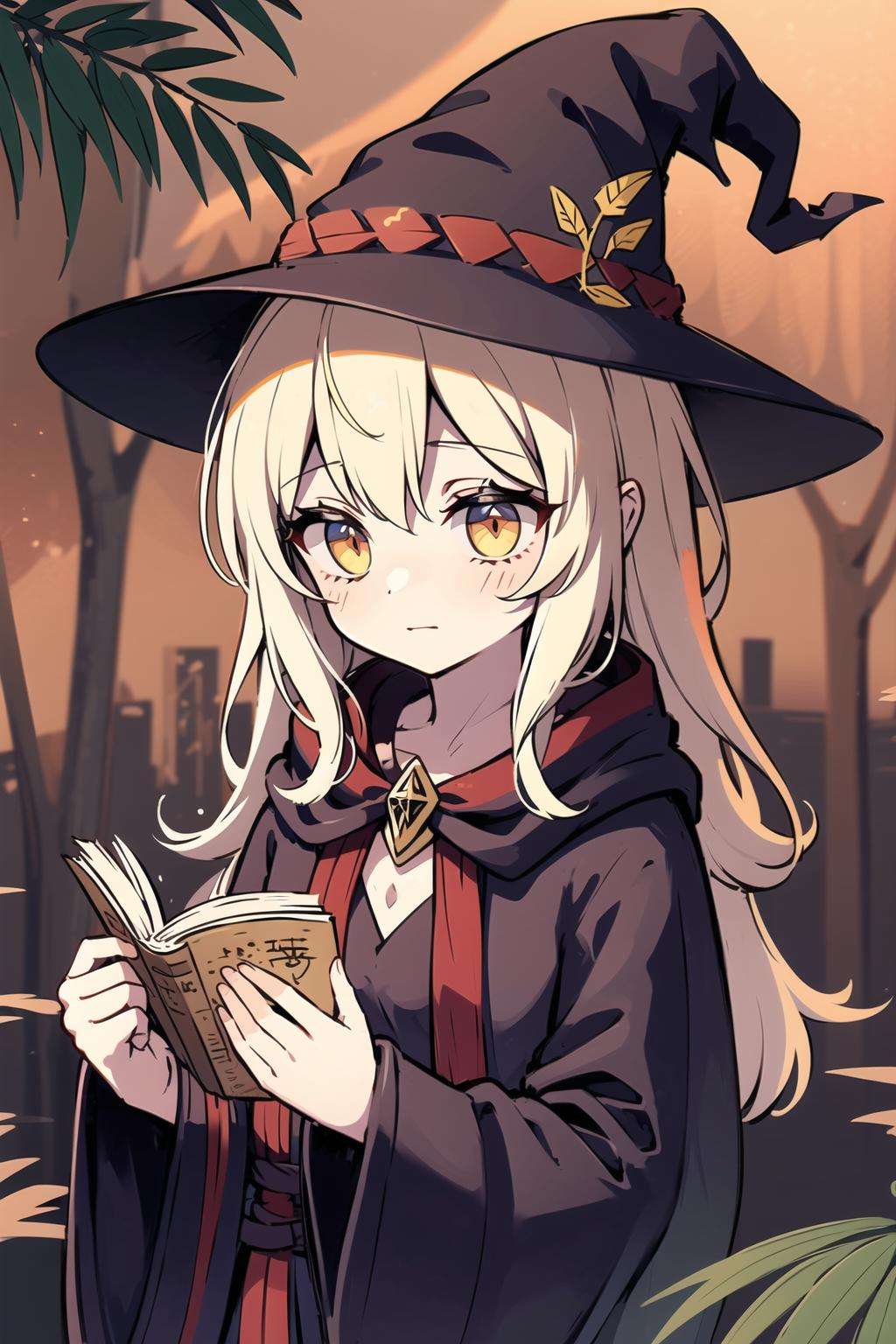 masterpiece, best quality, ultra-detailed, portrait of a young witch reading a magic book, soft delicate beautiful attractive face with enchanting hazel eyes, flowing robes in rich shades of burgundy and gold, pointed hat adorned with feathers and gemstones, ancient runes inscribed on tree trunk, lush forest background with shimmering sunlight peeking through branches, (fluttering leaves and twigs: 1.05), (mysterious owl perched on branch: 1.1), (glimmering fireflies: 1.15), (magical runes and symbols surrounding witch: 1.2)