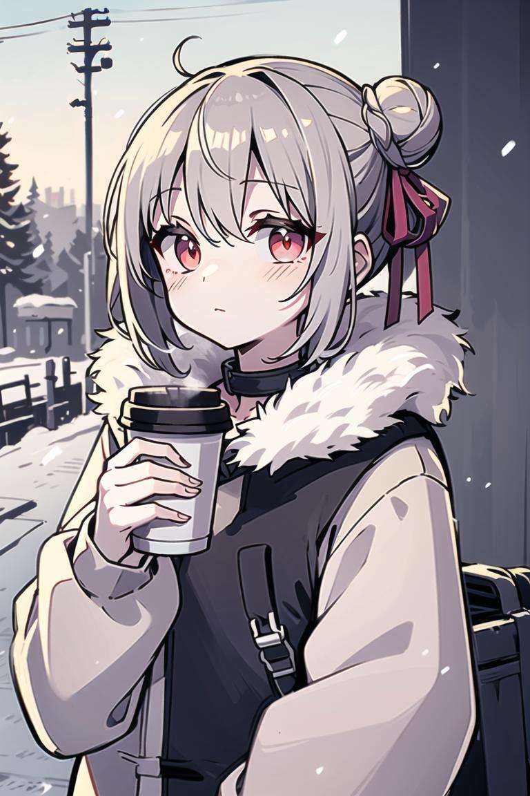 (masterpiece), (best quality), (highly detailed), 1girl, solo, red eyes, holding, disposable cup, looking at viewer, holding cup, outdoors, snow, long sleeves, bangs, cup, coffee cup, tree, closed mouth, bare tree, fur trim, hair between eyes, ribbon, open clothes, bag, winter, black ribbon, snowing, grey hair, coat, hair ribbon, hair bun, upper body, jacket, sidelocks, blush, fur collar