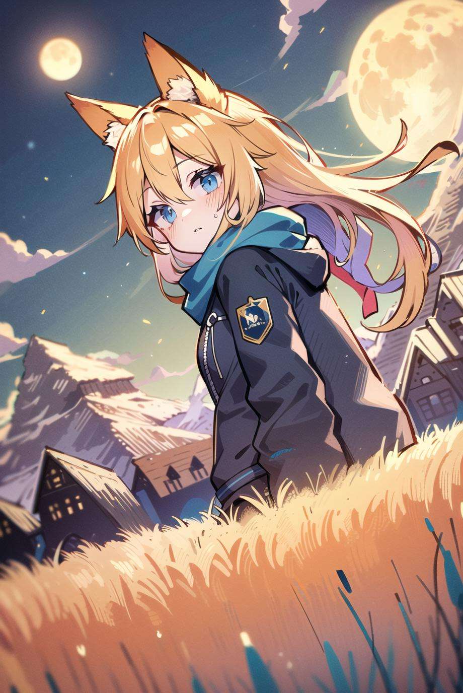 (masterpiece), (best quality), (highly detailed), dynamic angle, 1 cute girl in outdoors, looking back, blue scarf, beautiful blue eyes, (long hair), fine blonde hair, blue hairband, fox ears, black gloves, black jacket, blush, night, cloud, field, mountain, day, flower field, shooting star, full moon