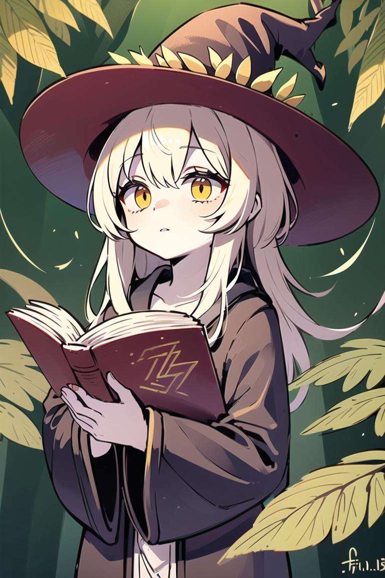 masterpiece, best quality, ultra-detailed, portrait of a young witch reading a magic book, soft delicate beautiful attractive face with enchanting hazel eyes, flowing robes in rich shades of burgundy and gold, pointed hat adorned with feathers and gemstones, ancient runes inscribed on tree trunk, (lush forest background with shimmering sunlight peeking through branches:1.2), (fluttering leaves and twigs: 1.05), (mysterious owl perched on branch: 1.1), (glimmering fireflies: 1.15), (magical runes and symbols surrounding witch: 1.2)