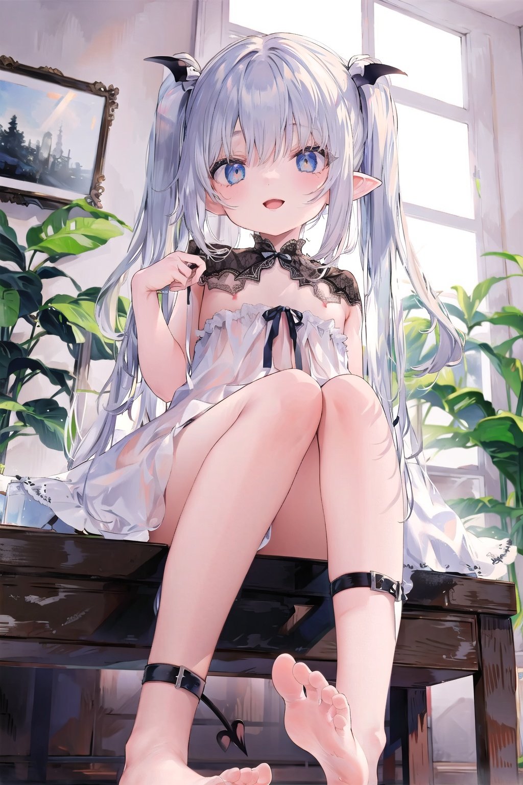 extremely detailed 8K wallpaper,masterpiece, best quality, 1girl, child,demon_girl,demon tail ,white dress,no shoes,flat chest,from below, child,smile,long hair,sitting,pointy ears,elf,twintails,bare legs,loli, lace, bare legs, thigh strap, indoors,hidden hands, lolita_fashion,