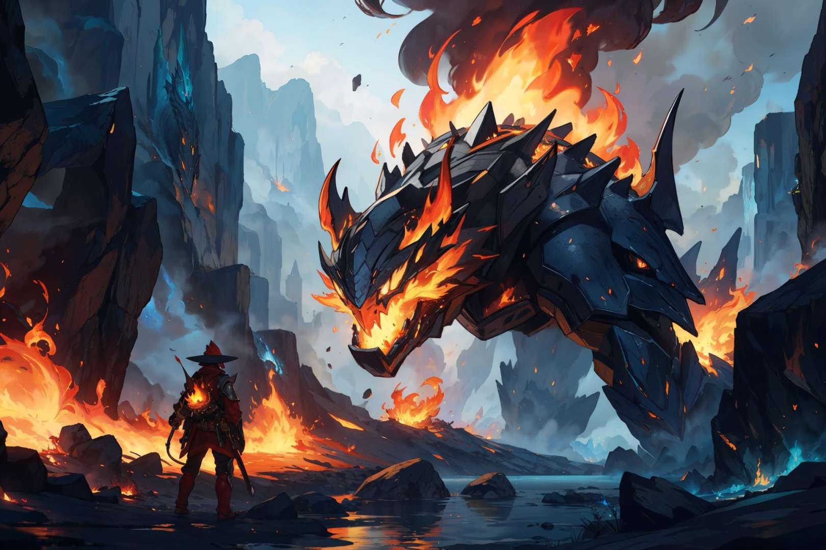 masterpiece, best quality, fire elemental, fantasy creature, gigantic, sense of scale