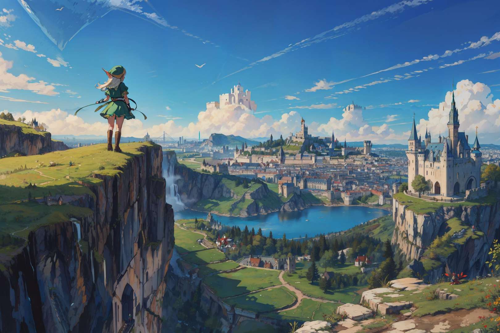 masterpiece, best quality, elf girl on top of a cliff, overlooking a big city with castle at the side of a mountain, aerial view