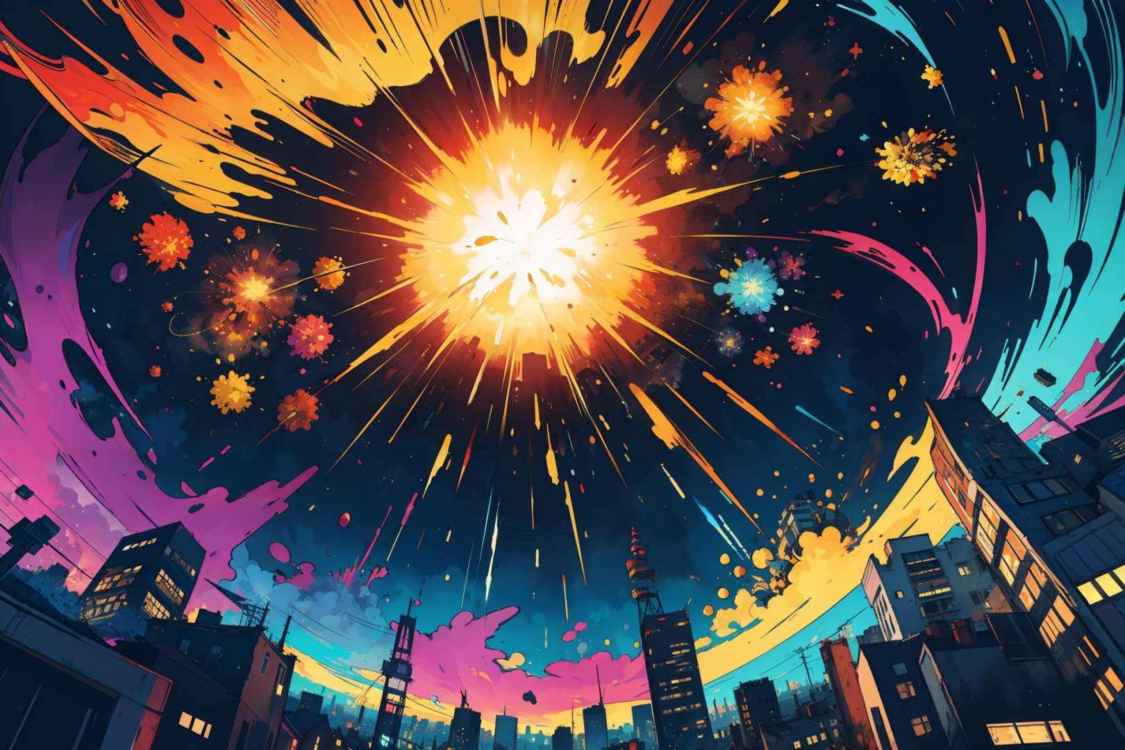 masterpiece, best quality, colorful explosion over a city, psychedelic, ink, splashing