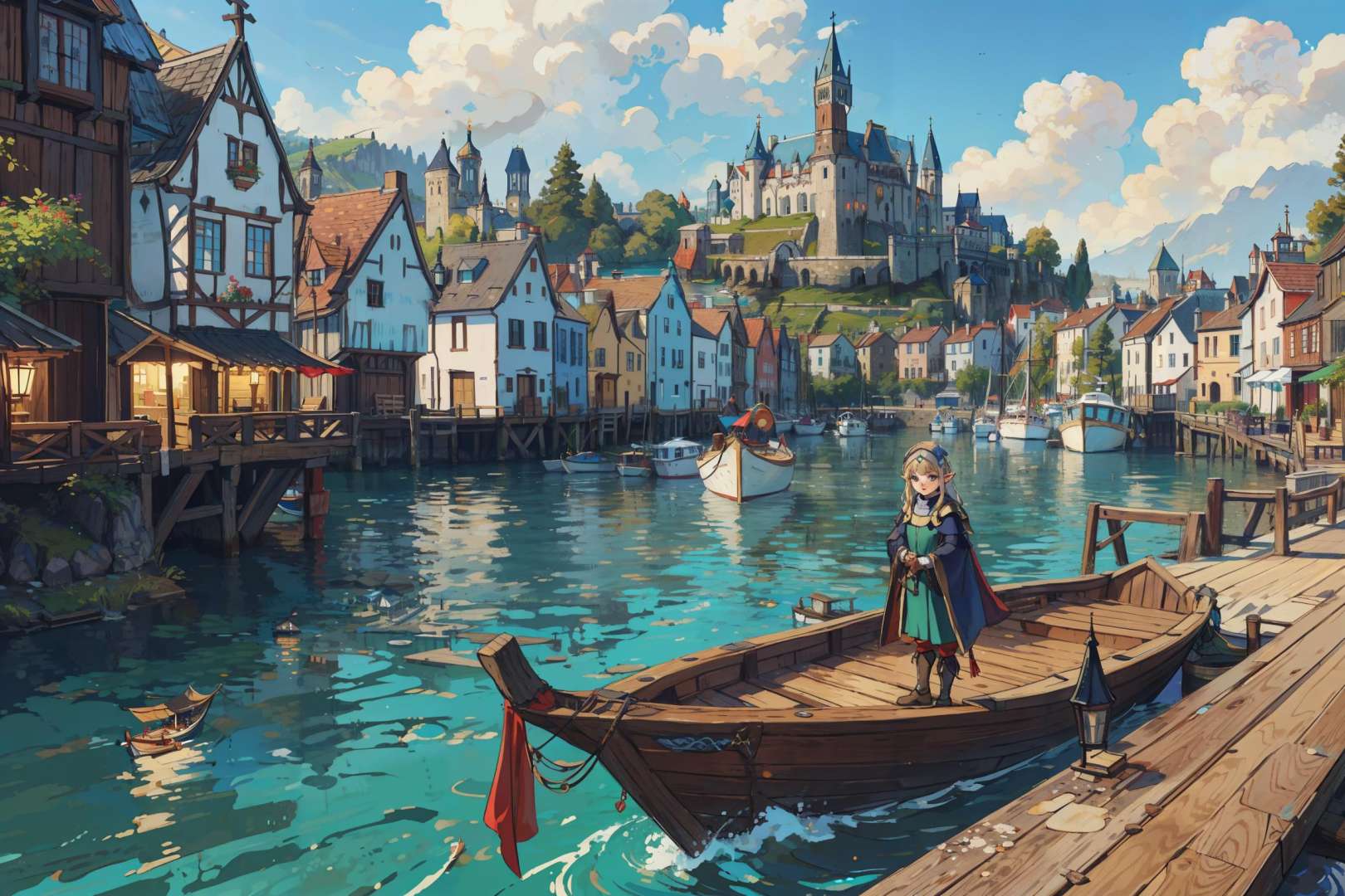 masterpiece, best quality, elf girl at the pier, (high fantasy, medieval:1.4), feudal society, lake town, waterfront, wooden boats