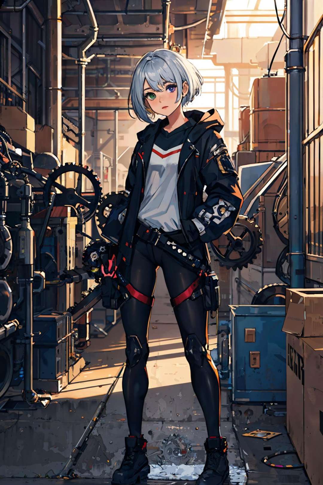 masterpiece, best quality, girl, gradient hair, heterochromia, techwear, leaning against wall, in an industrial factory, pipes, machines, gears, metal