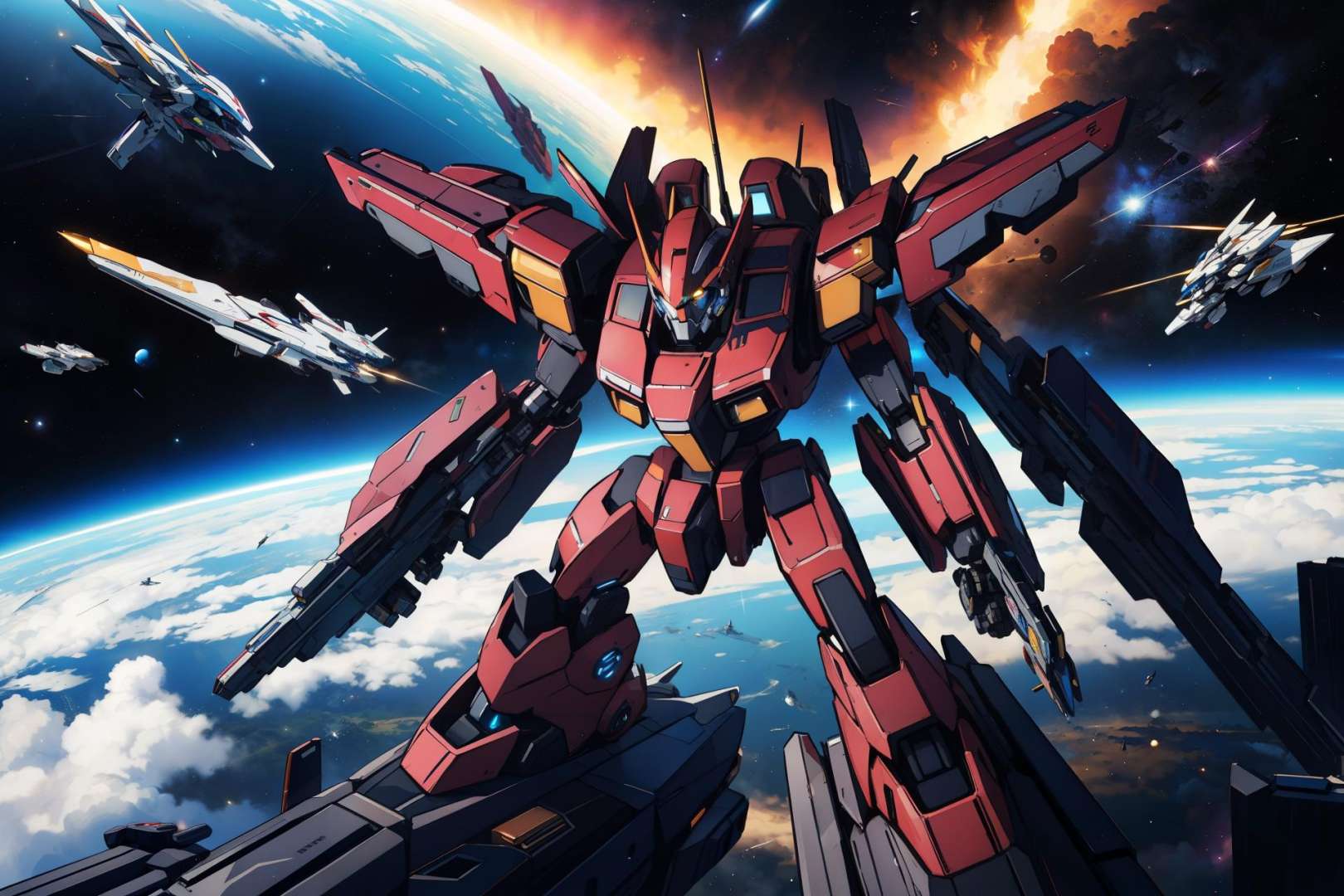 masterpiece, best quality, mecha battle in space