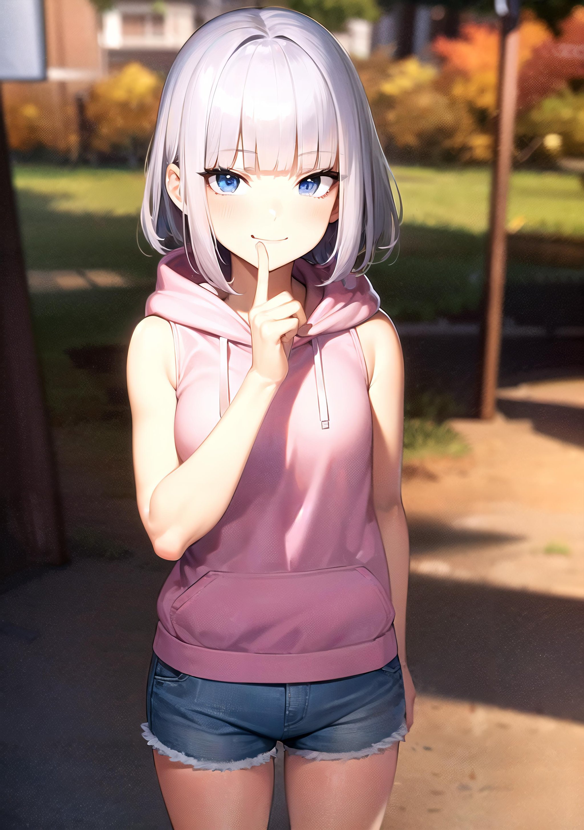 best quality, absurdres, 1girl, (smug smile:1.2), POV, looking at viewer, hand on cheek, short hair, wavy hair, blunt bangs, silver hair, outdoors, autumn, pink \(sleeveless hoodie:1.2)\, hood down, ( jean shorts:1.1), solo focus, small chest, soft lighting, public park, (blue eyes)