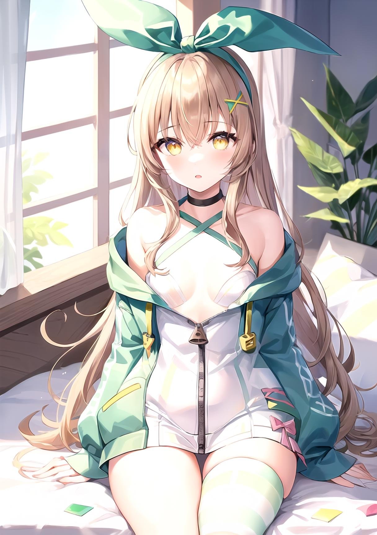 best quality, absurdres, 1girl, nanahi, green hairband bow, very long hair, yellow eyes, (light brown hair:1.1), hair between eyes, small breasts, green hood, zipper dress, upper body, open clothes, white strap dress, sitting, sitting on bed, bedroom, wide hips, thigh gap, (striped pink green white) (single thighhigh:1.2), short