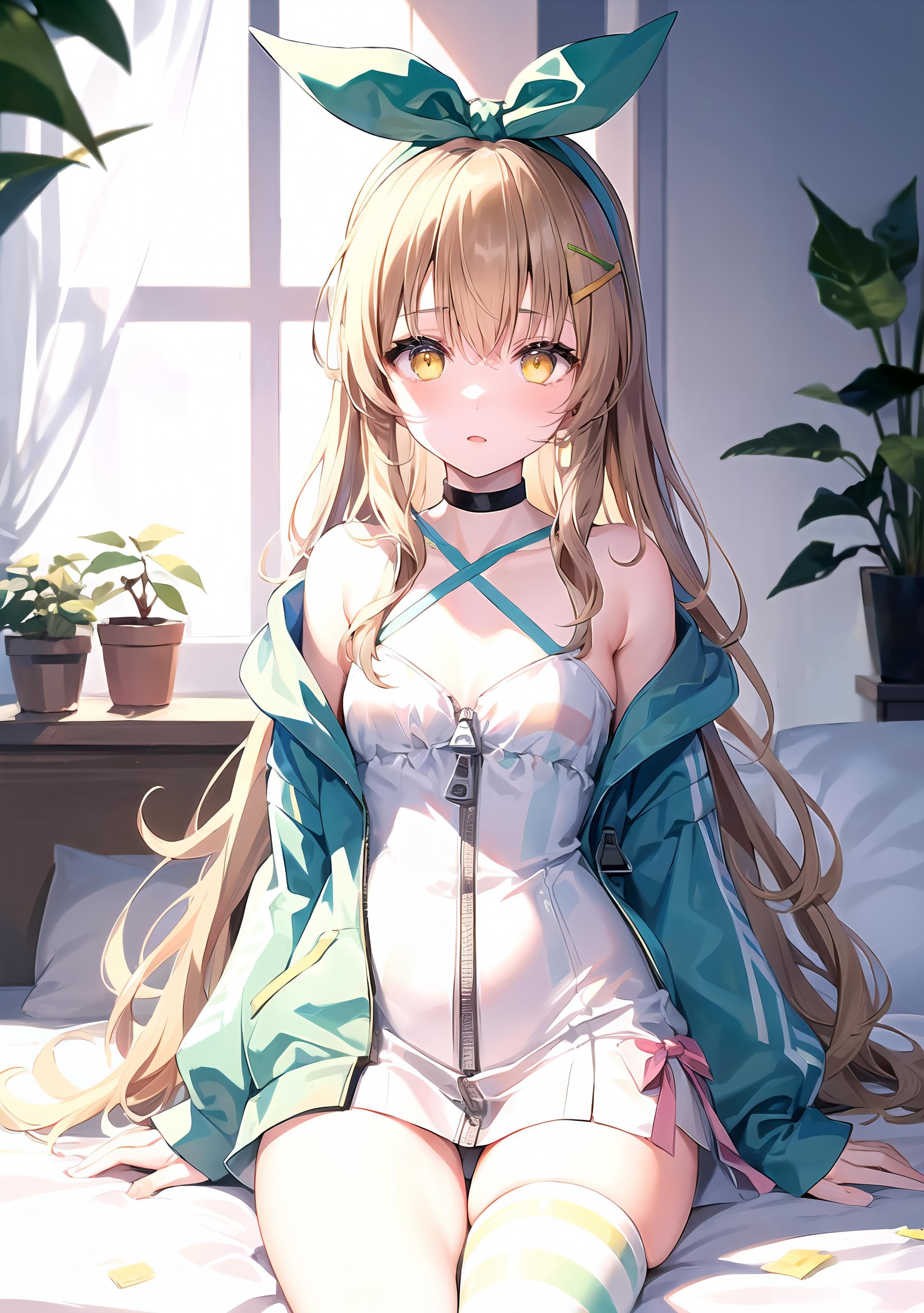 best quality, absurdres, 1girl, nanahi, green hairband bow, very long hair, yellow eyes, (light brown hair:1.1), hair between eyes, small breasts, green hood, zipper dress, upper body, open clothes, white strap dress, sitting, sitting on bed, bedroom, wide hips, thigh gap, (striped pink green white) (single thighhigh:1.2), short