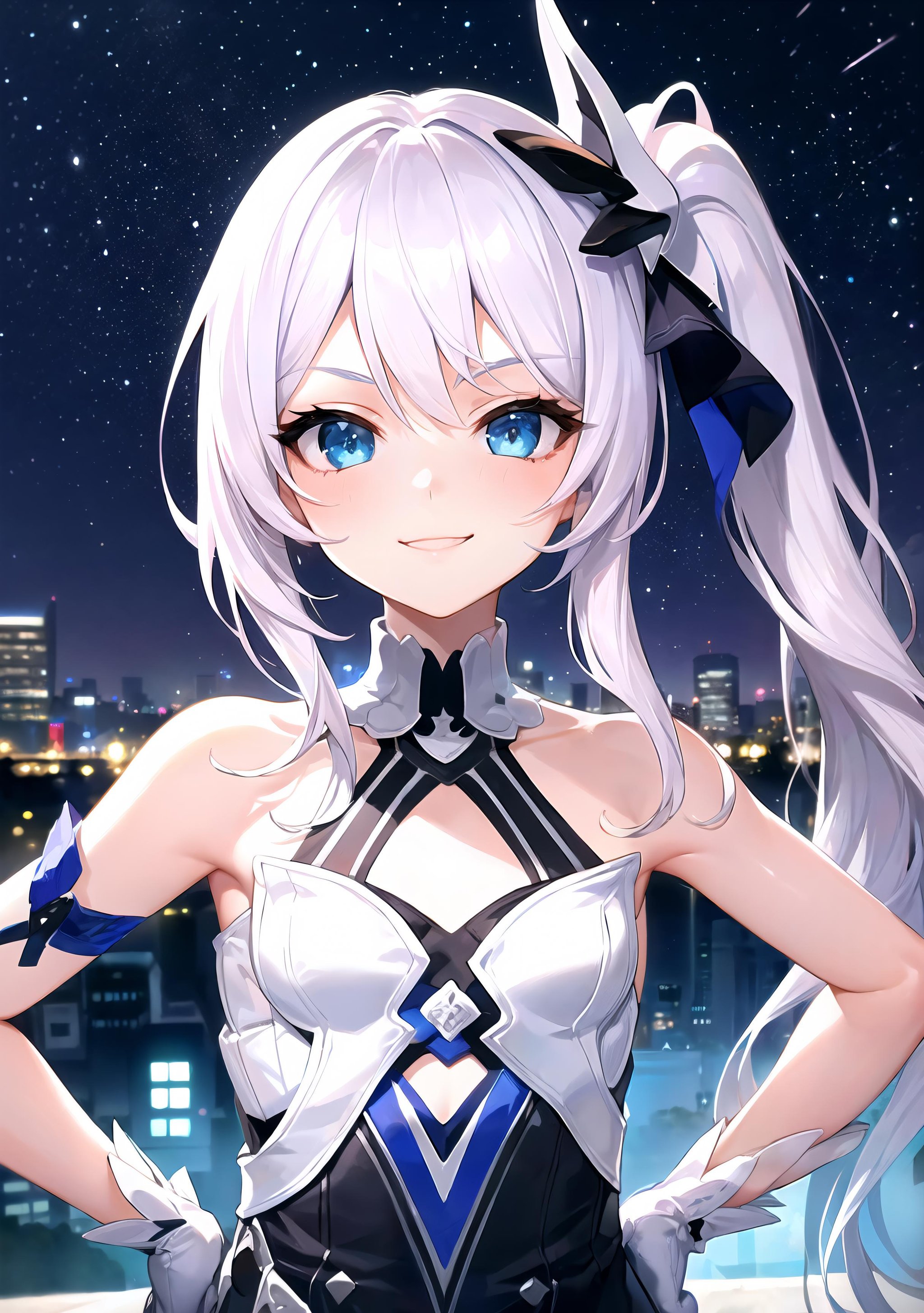 <lora:TeriTP-net-locon-16-16:1>1girl, solo, absurdres, best quality, (smug smile:1.2), white hair, blue eyes, sleeveless dress, hair ornament, black dress, short, side ponytail, long hair, outdoors, nighttime, night, city, stars, starry sky, small breasts, flat chest, white gloves, white stockings, (hands on hips:1.2), (portrait, straight on, POV, looking at viewer, upper body:1.3) 