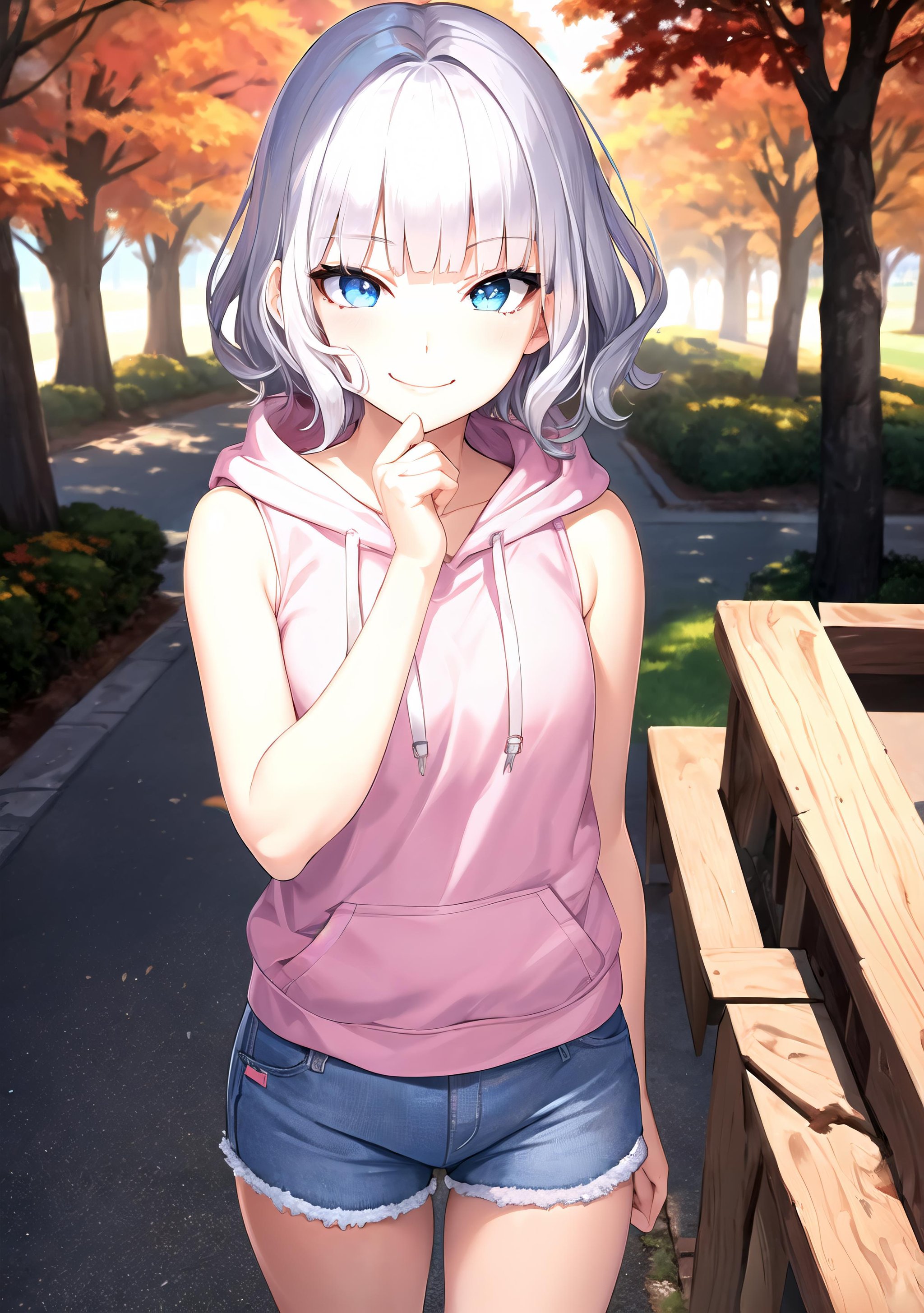 best quality, absurdres, 1girl, (smug smile:1.2), POV, looking at viewer, hand on cheek, short hair, wavy hair, blunt bangs, silver hair, outdoors, autumn, pink \(sleeveless hoodie:1.2)\, hood down, ( jean shorts:1.1), solo focus, small chest, soft lighting, public park, (blue eyes)