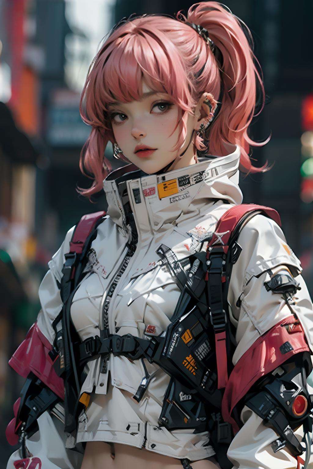 (realistic:1.4),1girl, backpack, bangs, blurry, blurry_background, depth_of_field, earrings, hair_ornament, jewelry, piercing, pink_hair, solo, long_hair, breasts, long_sleeves, navel, closed_mouth, jacket, upper_body, ponytail, midriff, bag, lips, crop_top, grey_eyes, ear_piercing, zipper, freckles, strap, urban techwear, outfit<lora:urbantechwear:1> <lora:A素体机娘:0.3>