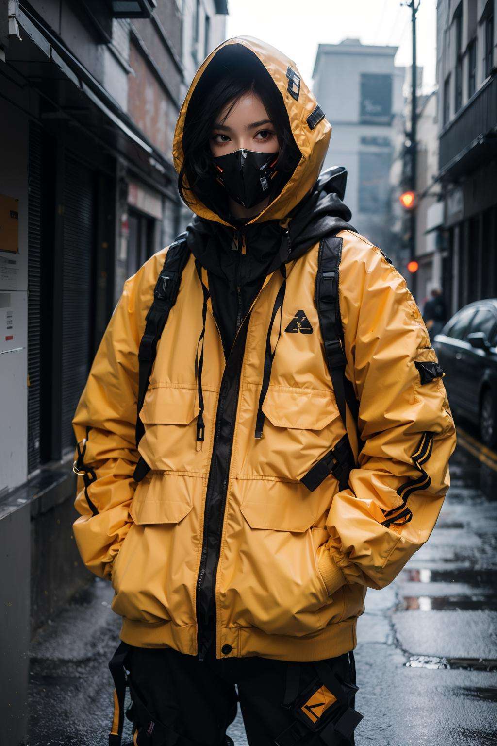 (realistic:1.2),jacket, orange_jacket, 1girl, solo, long_sleeves, upper_body, hood, black_jacket, mask, hooded_jacket, science_fiction, hands_in_pockets, urban techwear, outfit<lora:urbantechwear:1.1:OUTD> 