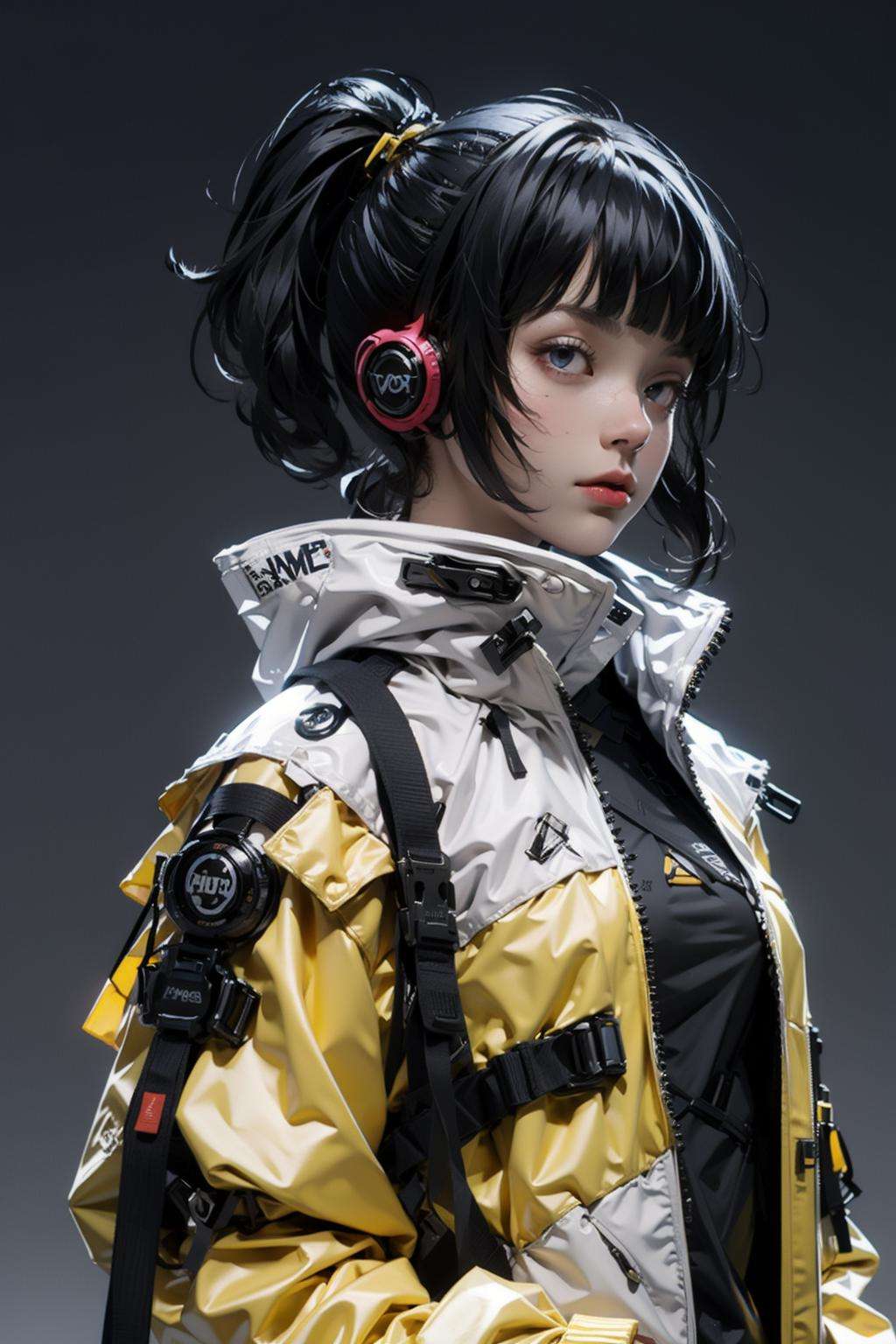 (realistic:1.2),1girl, bandaid, black_hair, dirty, grey_background, headphones, headset, short_hair, solo, breasts, bangs, blue_eyes, simple_background, long_sleeves, medium_breasts, jacket, upper_body, ponytail, small_breasts, lips, see-through, torn_clothes, facial_mark, yellow_jacket, urban techwear, outfit <lora:urbantechwear:1>