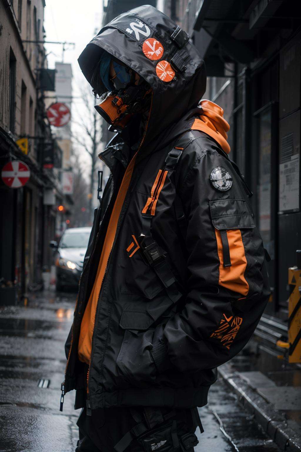 (realistic:1.2),jacket, orange_jacket, 1girl, solo, long_sleeves, upper_body, hood, from_side, black_jacket, mask, hooded_jacket, science_fiction, hands_in_pockets, urban techwear, outfit<lora:urbantechwear:1.1:OUTD> <lora:A素体机娘:0.4>