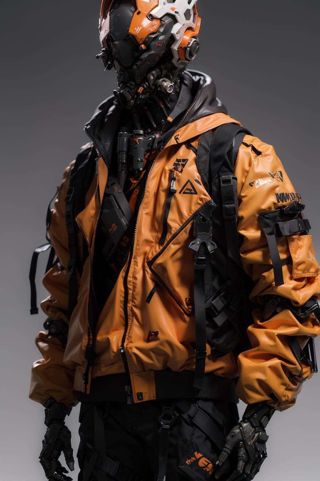 (realistic:1.2),cyberpunk, cyborg, halloween, helmet, jack-o'-lantern, mechanical_arms, orange_jacket, orange_pants, orange_shirt, pumpkin, science_fiction, solo, simple_background, gloves, standing, jacket, cowboy_shot, horns, grey_background, black_background, urban techwear, outfit<lora:urbantechwear:1.1:OUTD> 