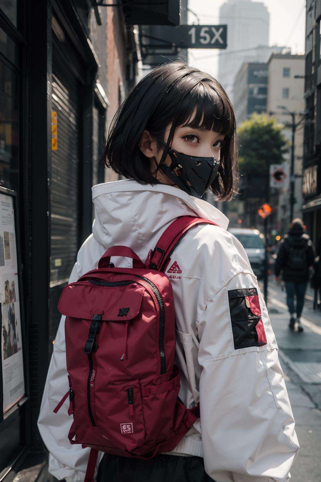 (realistic:1.2),1girl, backpack, bamboo, building, city, hood, hoodie, mask, mouth_mask, outdoors, plant, potted_plant, solo, sword, tree, weapon, weapon_on_back, looking_at_viewer, short_hair, bangs, black_hair, red_eyes, upper_body, day, bag, katana, sheath, hood_up, cyborg, cyberpunk, urban techwear, outfit<lora:urbantechwear:1:OUTD>