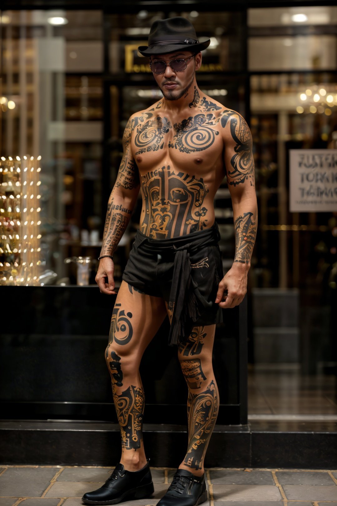 full body gorgeous male dressed in sherlock holmes suit,(wearing Fedora hat),(wearing glasses),gold accessories,(tttattoo, full body, full screen),(full tattoo),((tattoo)), tribal tattoo,gold tattoo line,(tattoo hand),((highly intricate tattoos)), hyper realistic tattoos,,a tattoo artist with blue tattoos and flowers on her skin,standing on baker street, london, attractive, flirting, (((full body visible))), looking at viewer, portrait, photography, detailed skin, realistic, photo-realistic, 8k, highly detailed, full length frame, High detail RAW color art, piercing, diffused soft lighting, shallow depth of field, sharp focus, hyperrealism, cinematic lighting, <lora:ded1_v1-000003:0.8>, <lora:tttattoo_20230627140317:0.8>