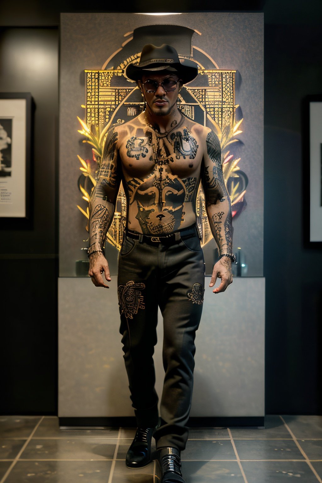 full body gorgeous male dressed in sherlock holmes suit,(wearing Fedora hat),(wearing glasses),gold accessories,(tttattoo, full body, full screen),(full tattoo),((tattoo)), tribal tattoo,gold tattoo line,(tattoo hand),((highly intricate tattoos)), hyper realistic tattoos,,a tattoo artist with blue tattoos and flowers on her skin,standing on baker street, london, attractive, flirting, (((full body visible))), looking at viewer, portrait, photography, detailed skin, realistic, photo-realistic, 8k, highly detailed, full length frame, High detail RAW color art, piercing, diffused soft lighting, shallow depth of field, sharp focus, hyperrealism, cinematic lighting, <lora:ded1_v1-000003:0.8>, <lora:tttattoo_20230627140317:0.8>