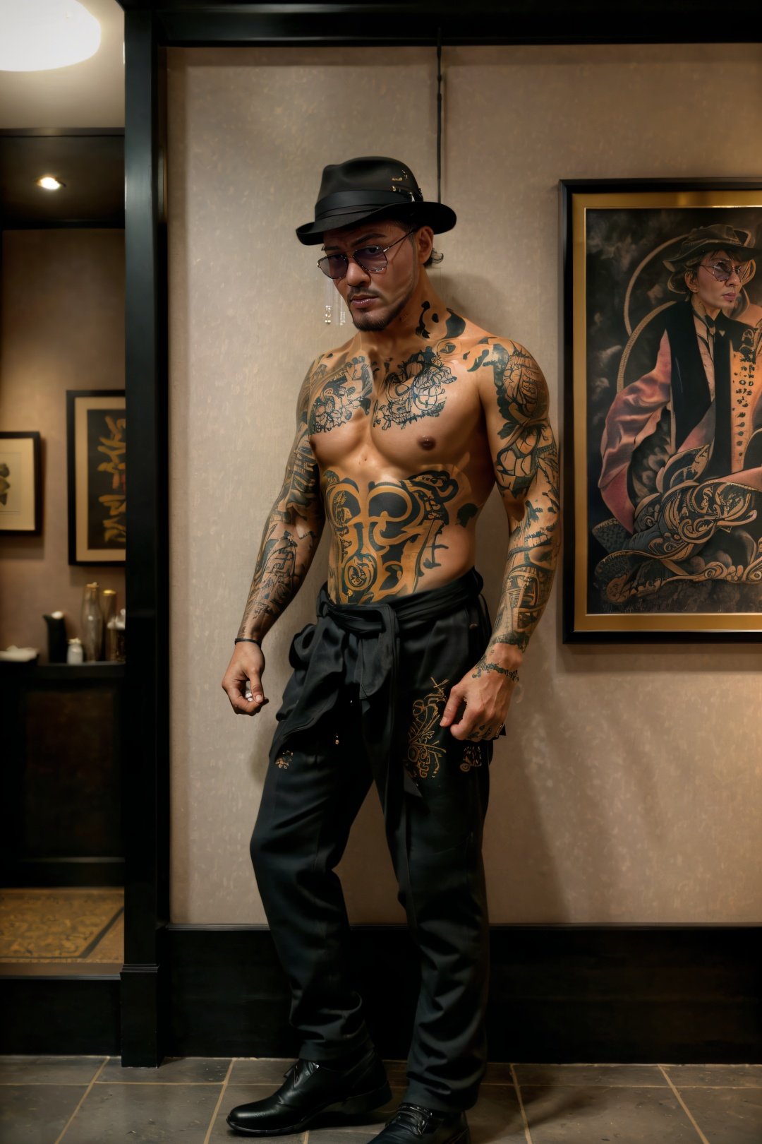 full body gorgeous male dressed in sherlock holmes suit,(wearing Fedora hat),(wearing glasses),gold accessories,(tttattoo, full body, full screen),(full tattoo),((tattoo)), tribal tattoo,gold tattoo line,(tattoo hand),((highly intricate tattoos)), hyper realistic tattoos,,a tattoo artist with blue tattoos and flowers on her skin,standing on baker street, london, attractive, flirting, (((full body visible))), looking at viewer, portrait, photography, detailed skin, realistic, photo-realistic, 8k, highly detailed, full length frame, High detail RAW color art, piercing, diffused soft lighting, shallow depth of field, sharp focus, hyperrealism, cinematic lighting, <lora:ded1_v1-000003:0.8>, <lora:tttattoo_20230627140317:0.8>