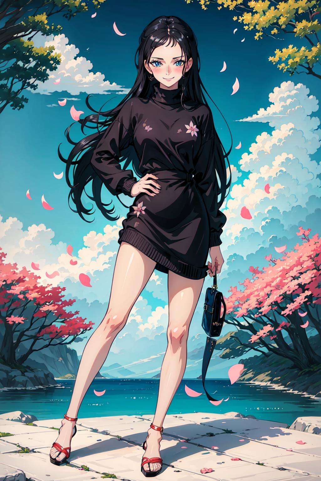 (((masterpiece))), NicoRobin, 1girl, solo, long hair, smile, blue eyes, blush, black hair, dress, full body, high heels, sweater, hand on hip, legs, petals, sandals, sunglasses, eyewear on head, magical background, magical, <lora:NicoRobin-10:0.7>