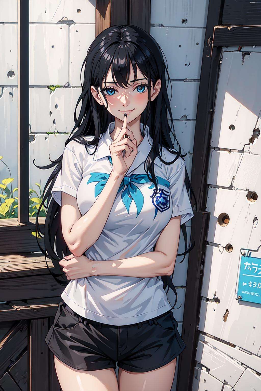 (((masterpiece))), NicoRobin, 1girl, solo, long hair, white shirt, black shorts, shirt tug, shirt, shorts, looking at viewer, smile, blue eyes, large breasts, black hair, very long hair, closed mouth, full body, eyewear on head, very detailed ,highres, (masterpiece_1.0), (best quality_1.0), (body in frame), standing, school uniform, looking at viewer, cowboy shot, blush, smiling, hands on side, <lora:NicoRobin-10:0.7>