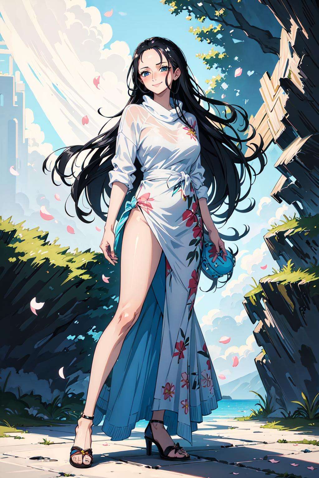 (((masterpiece))), NicoRobin, 1girl, solo, long hair, smile, blue eyes, blush, black hair, dress, full body, high heels, sweater, hand on hip, legs, petals, sandals, sunglasses, eyewear on head, magical background, magical, <lora:NicoRobin-10:0.7>