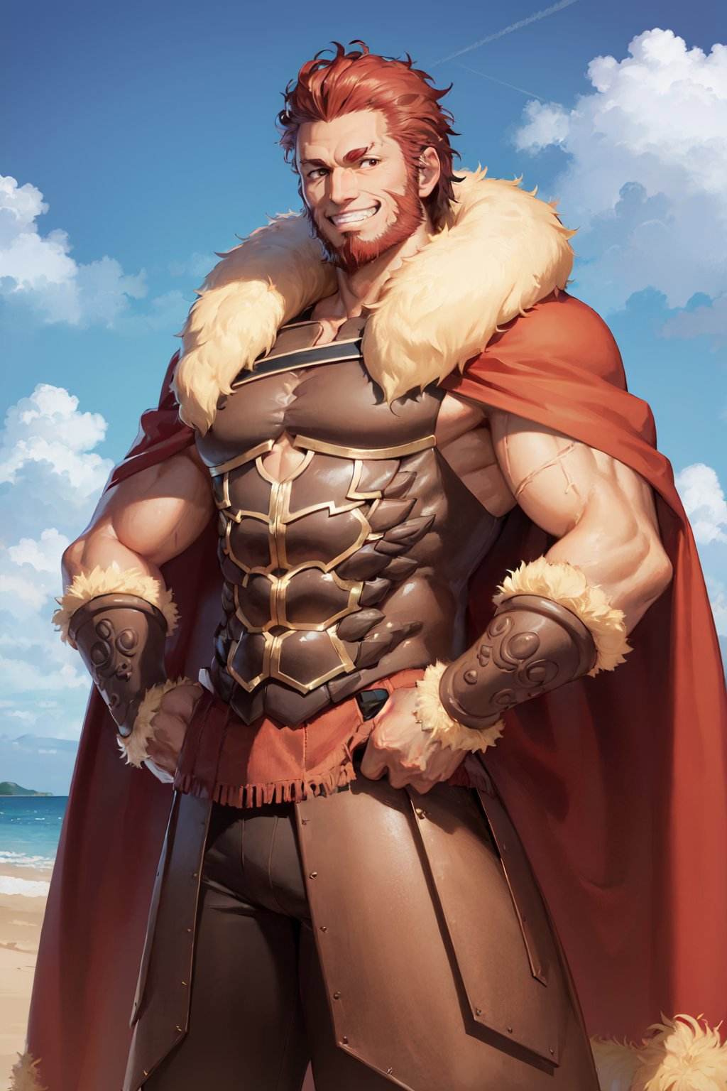 (masterpiece, best quality:1.2), <lora:fate_iskandar-10:1>, cowboy shot, solo, male focus, 1boy, iskandar, mature male, muscular male, grin, looking at viewer, hands on hips, armor, fur-trimmed cape