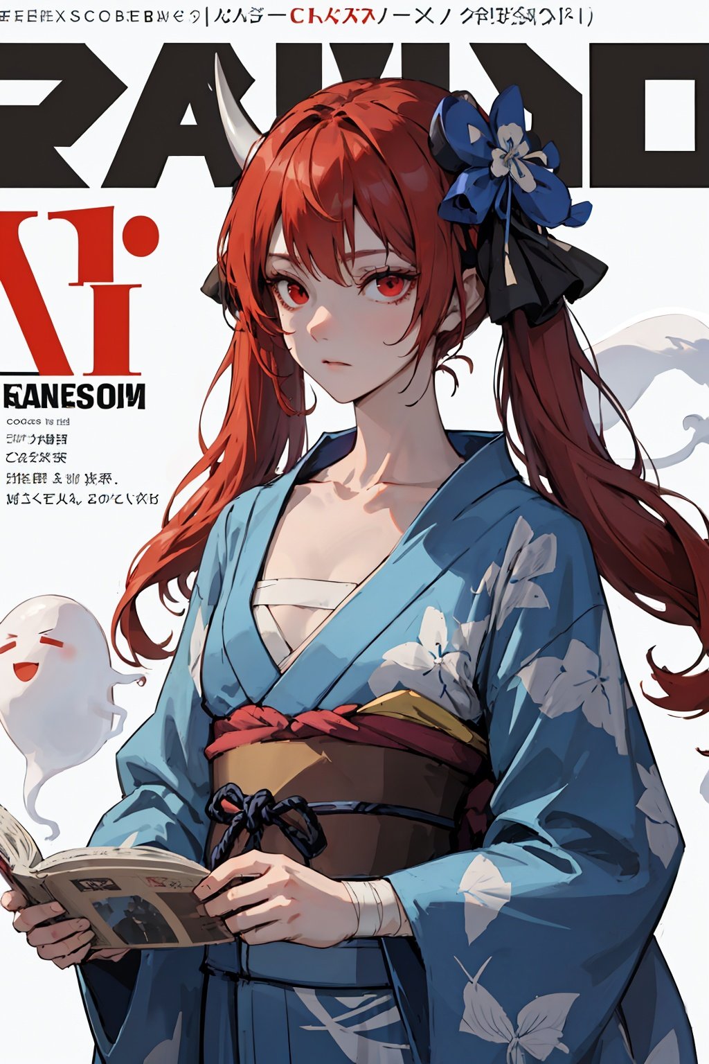 1girl, solo, collarbone, (Magazine cover:1.2), (simple background), text (yukata), flat chest, twin tails, slender, cowboy shot, expressionless, (bandage), (onmyoji:1.2), (ghost control, red eyes, red hair, horn), (magical Effec)