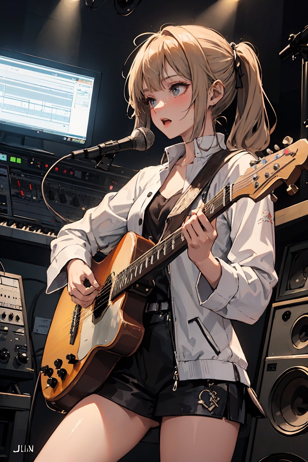 (masterpiece, best quality), 1girl, solo, cowboy_shot Musician, Musical attire, Recording studio, Composing music, Performing live, Collaborating with other musicians