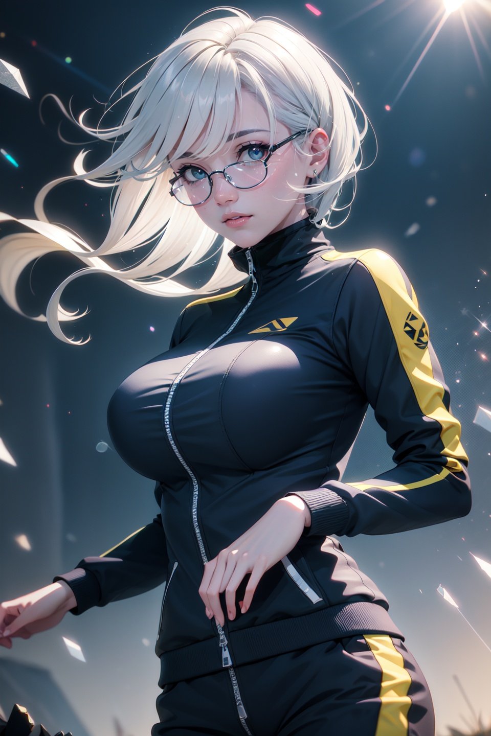 (realistic:1.2), (masterpiece, best quality, ultra-detailed), (beautiful detailed face, beautiful detailed eyes, volumetric lighting),1girl, solo, (dutch angle:1.2),straight hair hair, black hair, (Sapphire eyes:1.1), gigantic breasts,glasses, aquamarine tracksuit, (silver safari jacket),mksks style, (beautiful detailed ridge at  twightlight:1.2), (light particles, lens flare, chromatic aberration:1.3),