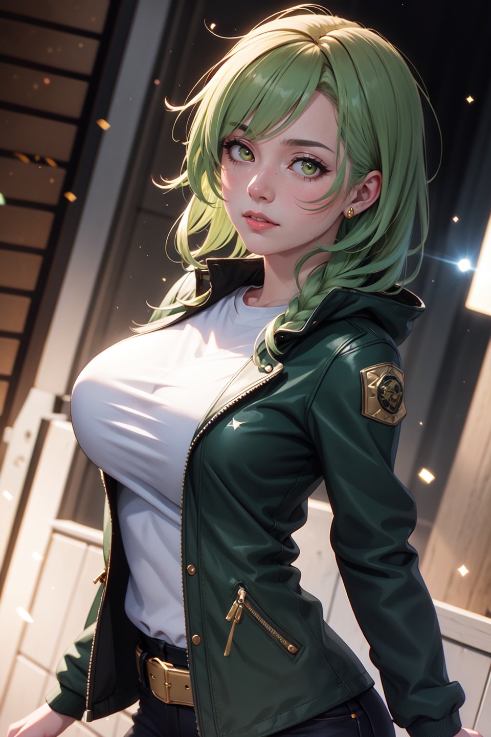 (realistic:1.2), (masterpiece, best quality, ultra-detailed), (beautiful detailed face, beautiful detailed eyes, volumetric lighting),1girl, solo, (dutch angle:1.3),(green hair, gold eyes:1.4), huge breasts, dutch braid hair,(red organza, black safari jacket:1.2), hair ornament,mksks style, (beautiful detailed bog, evening:1.2), (light particles, lens flare, chromatic aberration:1.3),