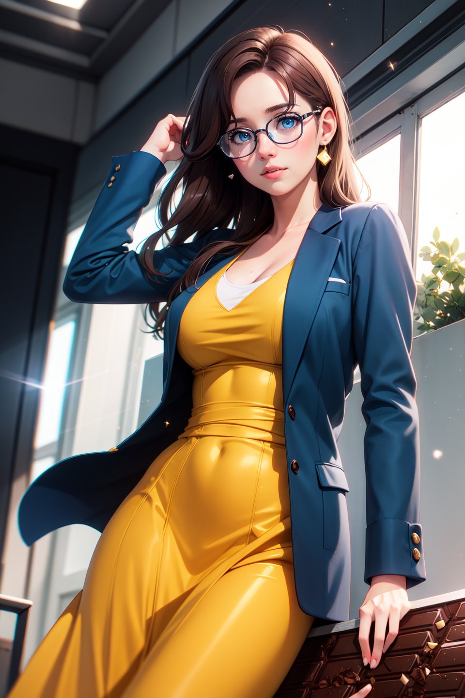 (realistic:1.2), (masterpiece, best quality, ultra-detailed), (beautiful detailed face, beautiful detailed eyes, volumetric lighting),1girl, solo, (dutch angle:1.3),(chocolate hair, ice blue eyes:1.4), large breasts, long hair hair,(yellow prom dress, grey-blue suit jacket:1.2), glasses,mksks style, (beautiful detailed fjord, afternoon:1.2), (light particles, lens flare, chromatic aberration:1.3),