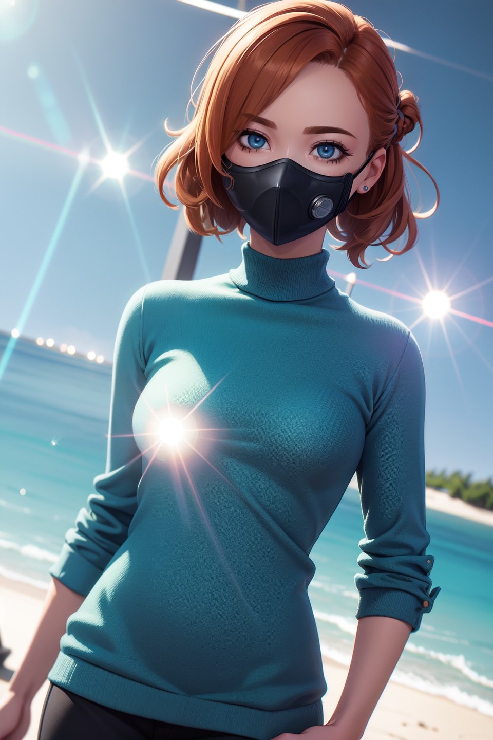 (realistic:1.2), (masterpiece, best quality, ultra-detailed), (beautiful detailed face, beautiful detailed eyes, volumetric lighting),1girl, solo, cowboy shot, (dutch angle:1.2),updo hairstyle hair, copper hair, (Sapphire eyes:1.1), medium breasts,mask, grey silk, turquoise sweater,mksks style, (beautiful atoll:1.2), night, (lens flare, chromatic aberration:1.3),