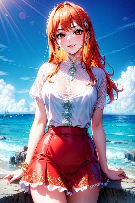 masterpiece, ((ultra detailed background, delicate pattern, intricate detail)), (highly detailed, fine details), best quality, beautiful lighting, ((medium breasts, slim girl)), NamiV3, ((white shirt, red skirt)), bavarian outfit, simple shirt, 1girl, orange hair, solo, long hair, jewelry, brown eyes, smile, earrings, blue tattoo, (complex detailed background, barren land, rocks, ocean, oustide, nature environment), (cowboy shot),  <lora:NamiV3Nine:0.7>