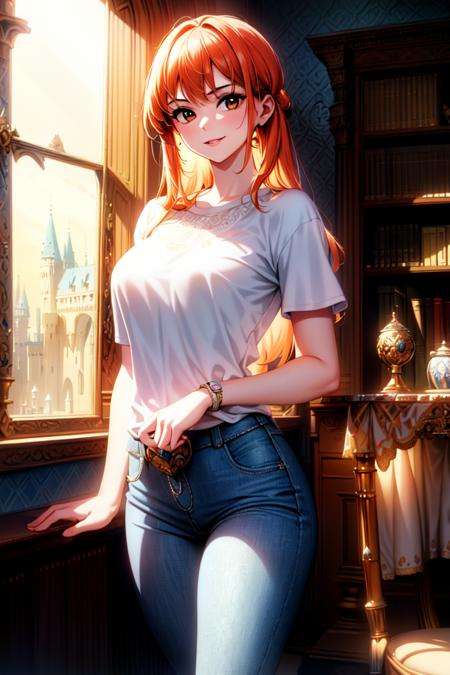 masterpiece, ((ultra detailed background, delicate pattern, intricate detail)), (highly detailed, fine details), best quality, beautiful lighting,((medium breasts, slim girl)), NamiV3,  1girl, orange hair, solo, long hair, ((medium breasts, slim girl, white T-shirt, jeans, simple T-shirt)), blue tattoo, brown eyes, smile, bracelet, covered shoulders, (complex detailed background, inside, castle room environment, medieval castle, gray walls, window, bookshelf), ((cowboy shot)), <lora:NamiV3Nine:0.7>