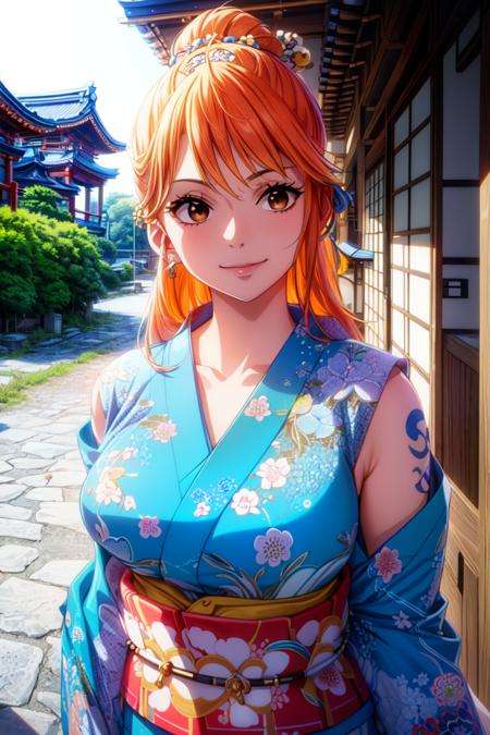 masterpiece, ((ultra detailed background, delicate pattern, intricate detail)), (highly detailed, fine details), best quality, ((medium breasts, slim girl)), NamiV2, 1girl, orange hair, solo, long hair, jewelry, ((medium breasts, slim girl, japanese clothes, kimono, left shoulder tattoo)), hair ornament, brown eyes, smile, earrings, ((complex detailed background, outside, blue tattoo, urban enviroment, traditional japanese town environment, japanese buildings, close-up, portrait)),<lora:BeautifulDetailedEyes:0.4>,  <lora:DetailTweaker:0.5>,  <lora:NamiV2:0.75>,  <lora:GoodHands-vanilla:0.6>