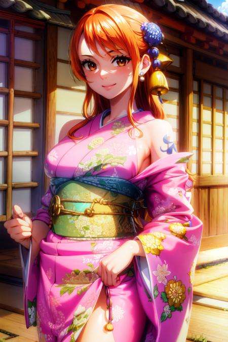 masterpiece, ((ultra detailed background, delicate pattern, intricate detail)), (highly detailed, fine details), best quality, ((medium breasts, slim girl)), NamiChan, 1girl, orange hair, solo, long hair, jewelry, ((medium breasts, slim girl, japanese clothes, kimono, left shoulder tattoo)), hair ornament, brown eyes, smile, earrings, (complex detailed background, outside, urban environent, traditional japanese town environment, japanese buildings, cowboy shot, from behind, holding, money, money bill),<lora:BeautifulDetailedEyes:0.4>,  <lora:DetailTweaker:0.5>,  <lora:NamiChan9:0.8>