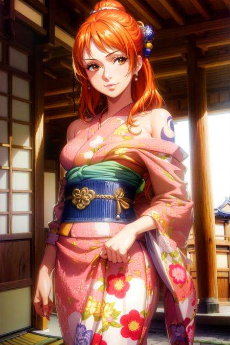 masterpiece, ((ultra detailed background, delicate pattern, intricate detail)), (highly detailed, fine details), best quality, ((medium breasts, slim girl)), NamiChan, 1girl, orange hair, solo, long hair, jewelry, ((medium breasts, slim girl, japanese clothes, kimono, left shoulder tattoo)), hair ornament, brown eyes, smile, earrings, (complex detailed background, outside, urban environent, traditional japanese town environment, japanese buildings, cowboy shot),<lora:BeautifulDetailedEyes:0.4>,  <lora:DetailTweaker:0.5>,  <lora:NamiChan9:0.8>