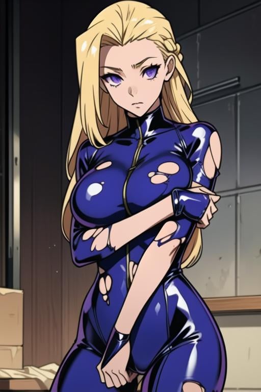 Long blonde hair, purple tight clothing, (badly torn latex clothing), badly torn clothing, covering her breasts with a hug, large breasts covered with clothing, covering attributes, <lyco:Miu-Furinji-V3:1.0>.