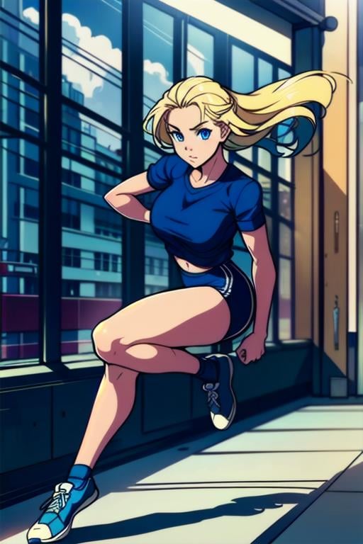 <lyco:Miu-Furinji-V3:0.8>, 1girl, blonde hair, blue eyes, beautiful face, full body, gym blue clothes, parkour in the city