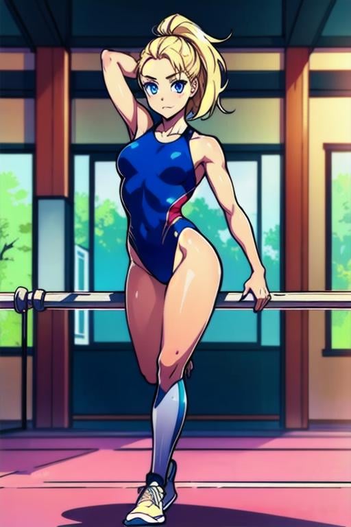 <lyco:Miu-Furinji-V3:0.7>, 1girl, blonde hair, blue eyes, full body,  gymnastics