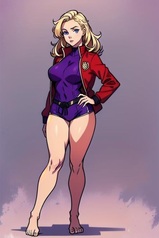 <lyco:Miu-Furinji-V3:0.8>, 1girl, blonde hair, blue eyes, beautiful face, full body, solo, purple clothes, red jacket, in dojo