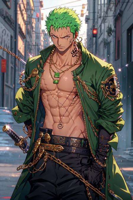 zoro, solo, short hair, gloves, 1boy, jewelry, jacket, weapon, male focus, earrings, green hair, open clothes, belt, pants, necklace, bracelet, tattoo, chain, scar, black pants , pectorals, sheath, scar on face, rain, sheathed, scar across eye, chain necklace <lora:Zoro-07:1>