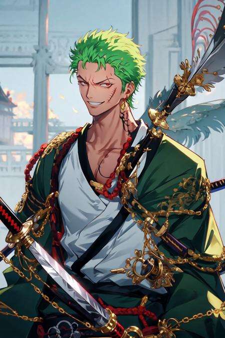 zoro, solo, looking at viewer, smile, short hair, red eyes, 1boy, holding, jewelry, upper body, weapon, male focus, earrings, japanese clothes, green hair, horns, sword, kimono, holding weapon, from side, tattoo, glowing, scar, holding sword, katana, scar on face, scar across eye, over shoulder, weapon over shoulder <lora:Zoro-07:1>