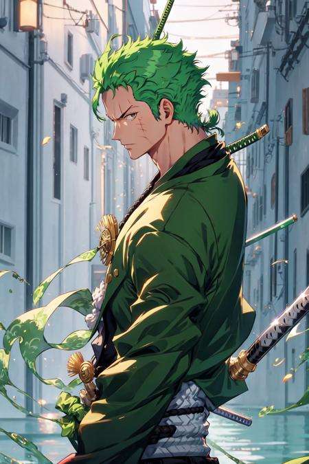 zoro, solo, looking at viewer, short hair, long sleeves, 1boy, jacket, upper body, weapon, male focus, japanese clothes, green hair, water, from side, scar, sheath, scar on face, sheathed, hair slicked back <lora:Zoro-07:1>