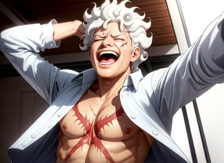 masterpiece, (photorealistic:1.4), best quality, beautiful lighting,gear fifth, monkey d. luffy, 1boy, arms up, closed eyes, curly eyebrows,  white hair, facing viewer, foreshortening, laughing, long sleeves, male focus, medium hair, messy hair, motion lines, open clothes, open mouth, open shirt, studio, pectorals, scar, scar on cheek, scar on chest, scar on face, shirt, solo, steam, teeth, toned, toned male, upper body, white shirt,  thick eyebrows,  white eyebrows,RAW photo, 8k uhd, film grain   <lora:gear_fifth_offset:0.8>