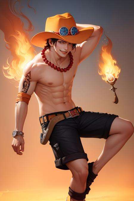 (masterpiece, best quality:1.2), <lyco:onepiece_portgasdace-12:1.0>, cowboy shot, solo, male focus, 1boy, portgas d. ace, smile, looking at viewer, arm up, hat, topless male, shorts, belt, jewelry, necklace, fire